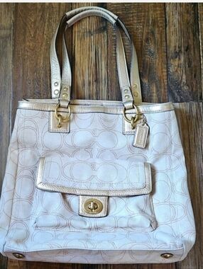 Coach Cream Signature Canvas Shoulder Tote with Leather Straps & Gold Hardware